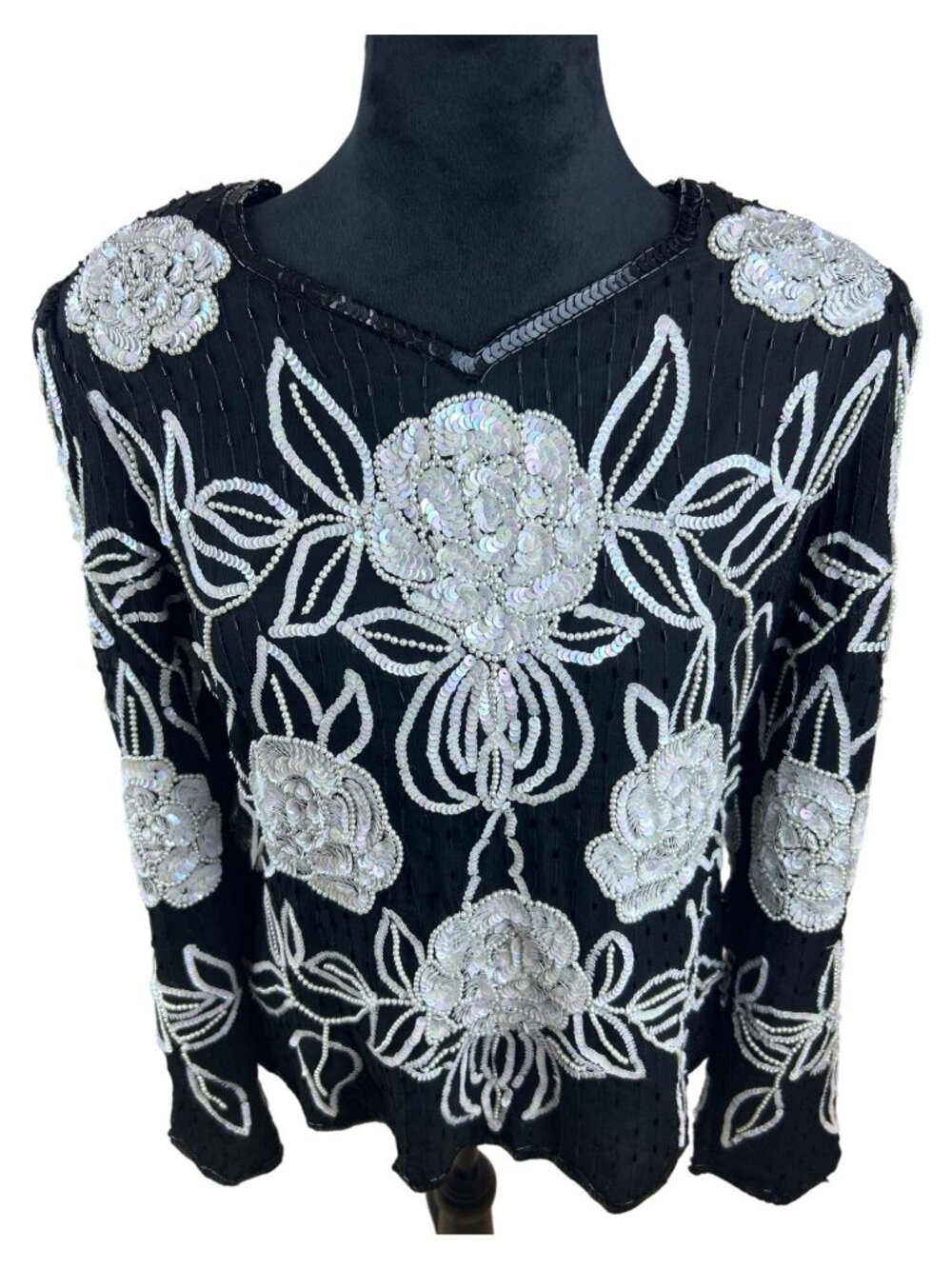 NWT Vtg Leslie Fay Evenings Blouse XL Black Beaded Silk Sequin Floral Longsleeve